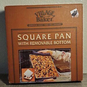 Vtg Village Baker Steel Cake Pans 9" Sq Removable Bottom Chicago Metalic Recipes